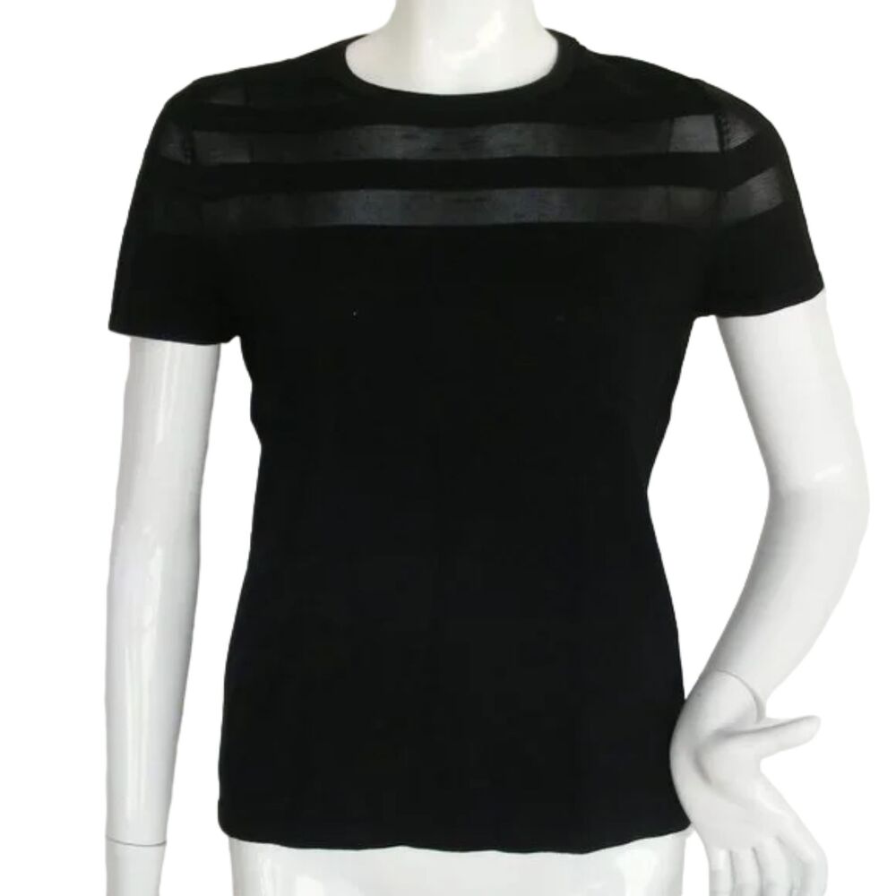 new CARMEN MARC VALVO Top, L, Knit, Sheer stripes. Black, Short sleeves